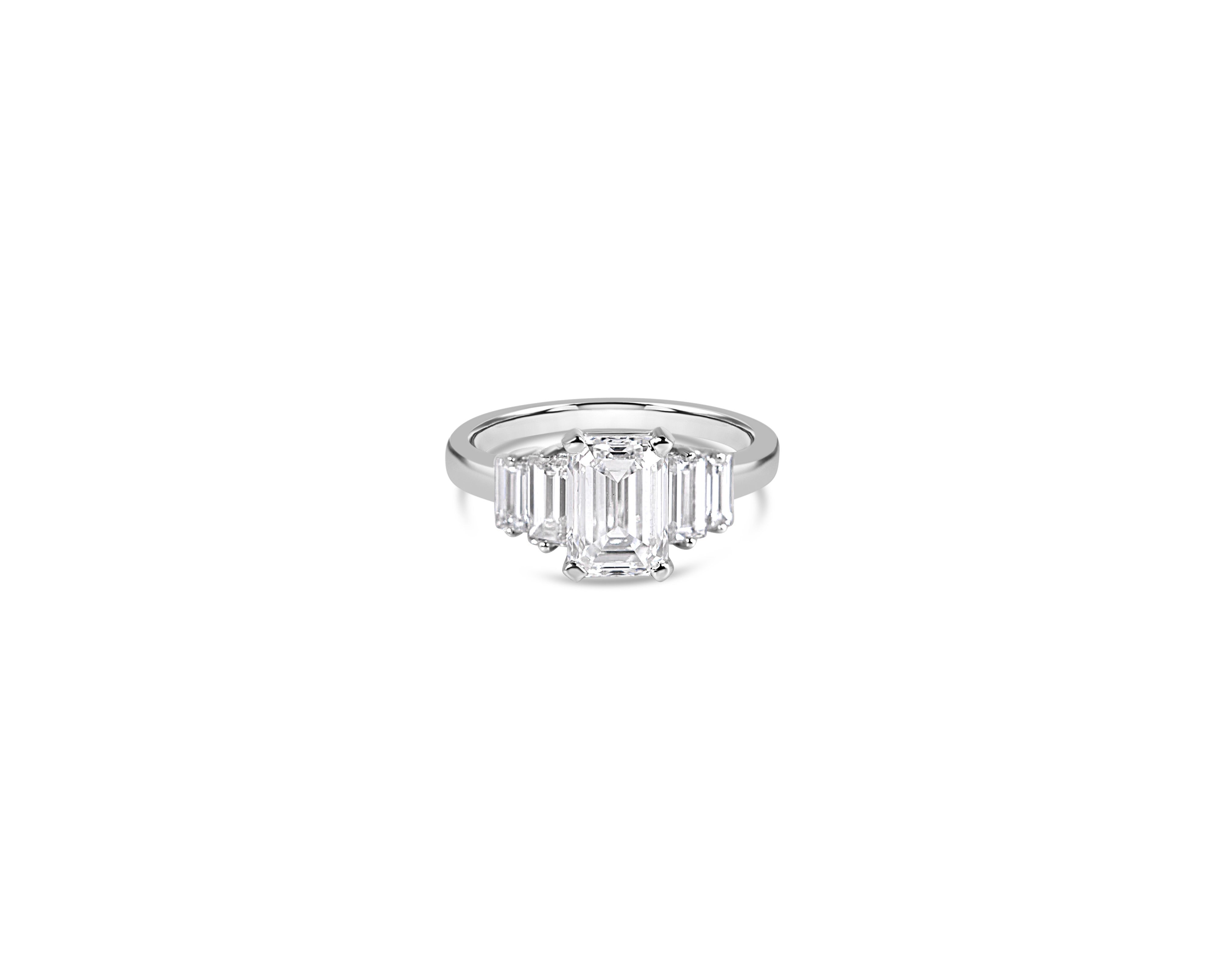 "Hall of Mirrors, V2" Five-Stone Ring with Central Emerald Cut and Four Side Baguettes