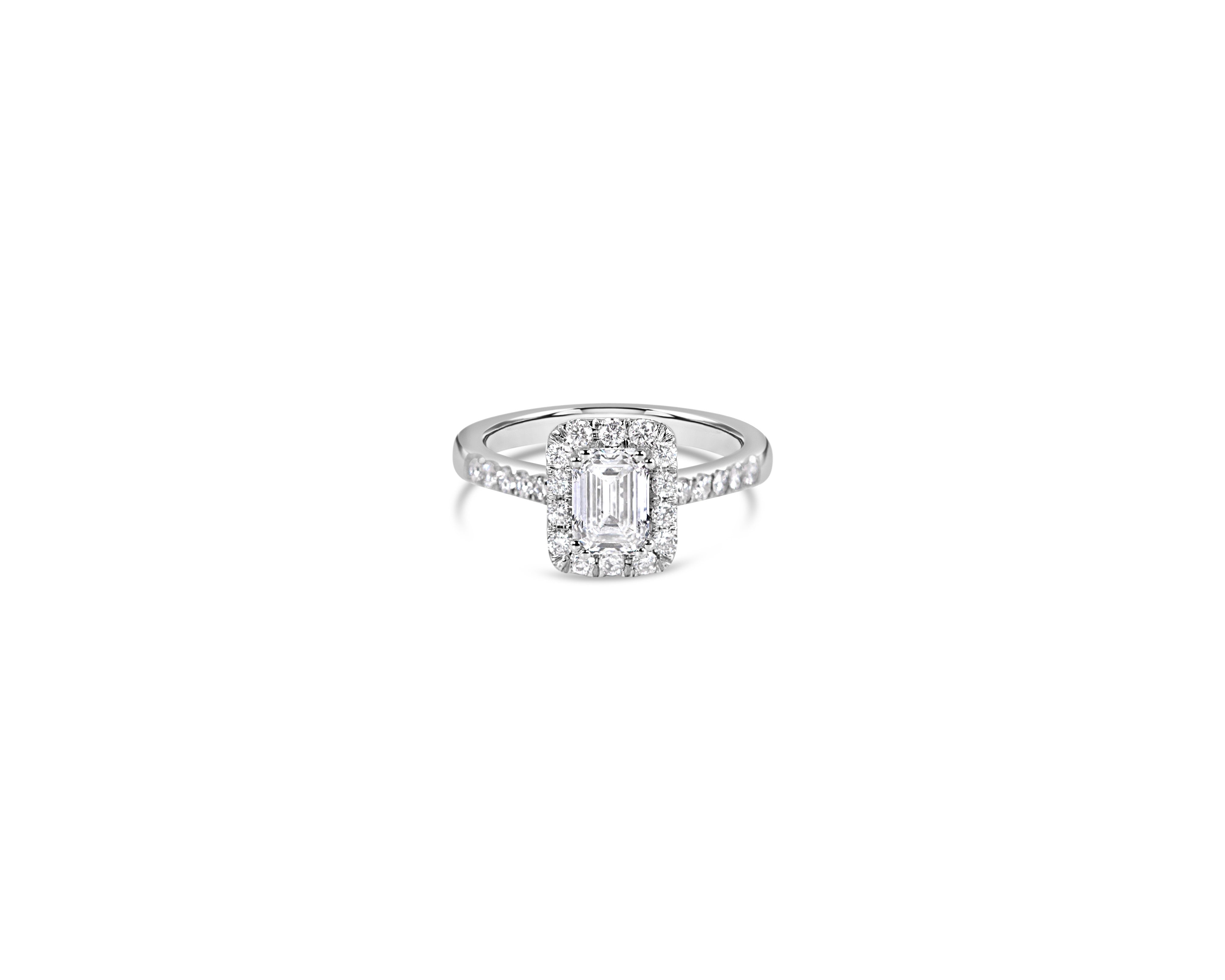 "Elegance" Emerald Cut Halo Ring with Pavé Band