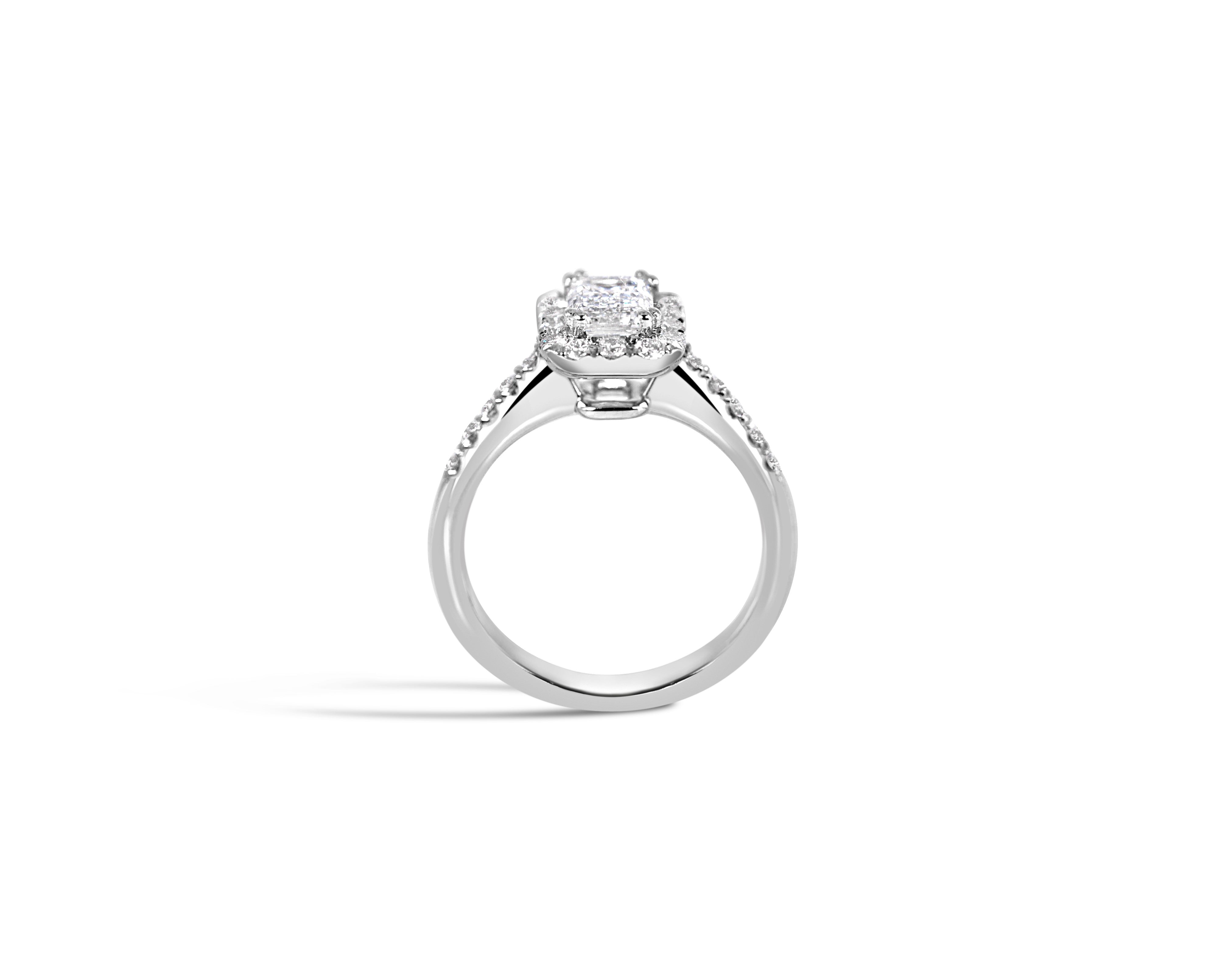 "Elegance" Emerald Cut Halo Ring with Pavé Band