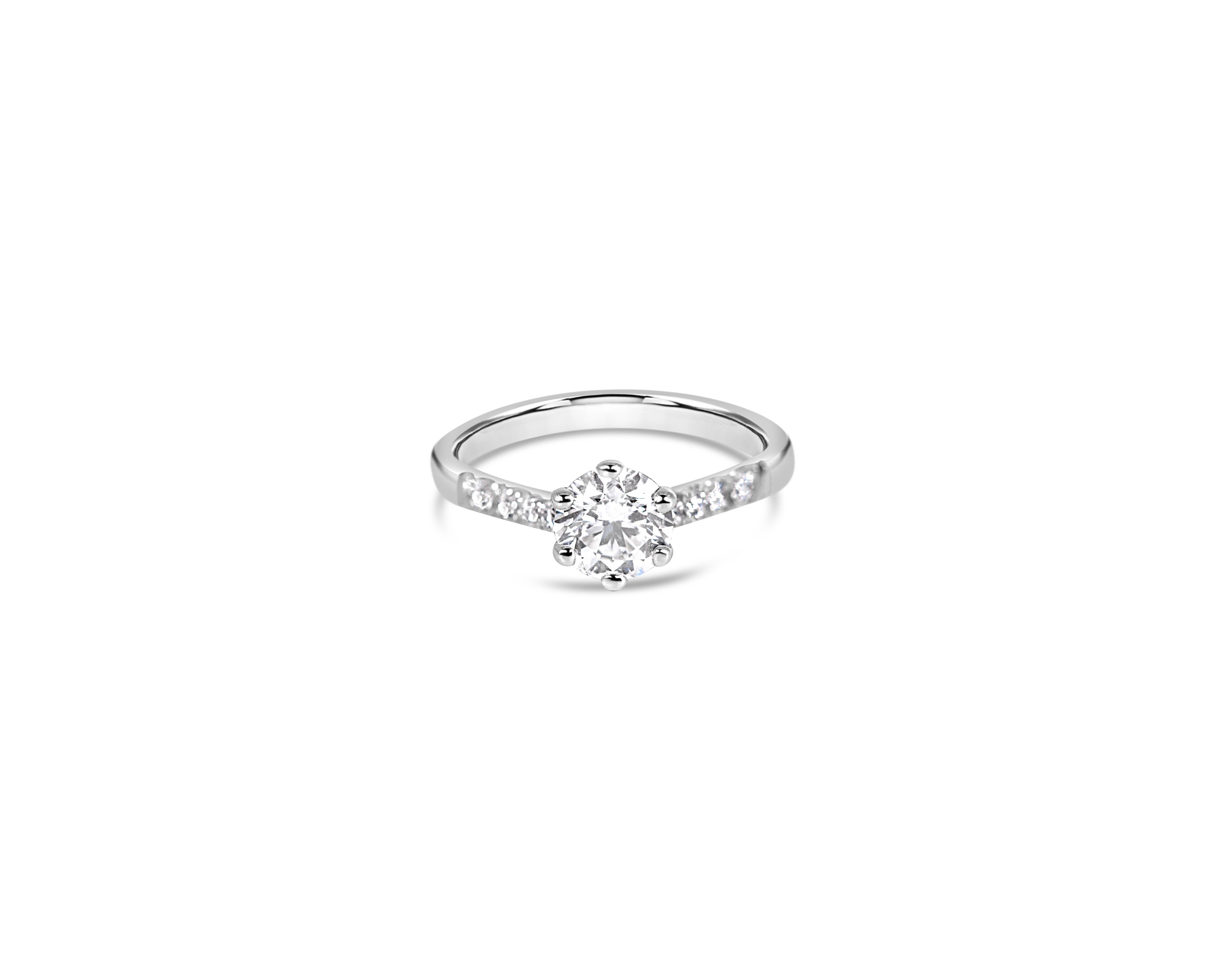 "Fit for a Queen, S" Round Solitaire Ring on Crown Basket with Pavé Band